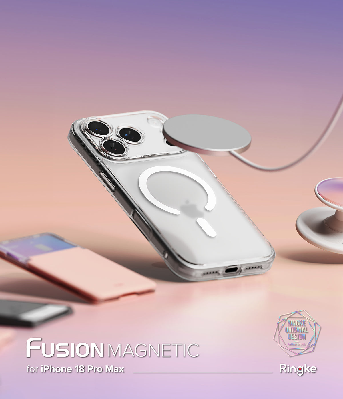 iPhone 18 Pro Max Case | Fusion Magnetic Matte - A clear magnetic phone case shown on a smartphone, with a floating silver MagSafe ring and cable. The case has a cutout for the camera and a MagSafe-compatible magnetic ring on the back.