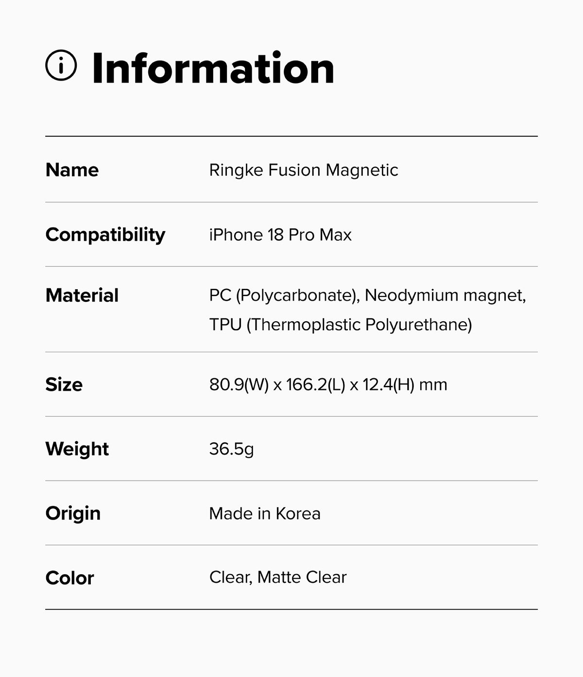iPhone 18 Pro Max Case | Fusion Magnetic Matte - Product information card for Ringke Fusion Magnetic case with specifications.