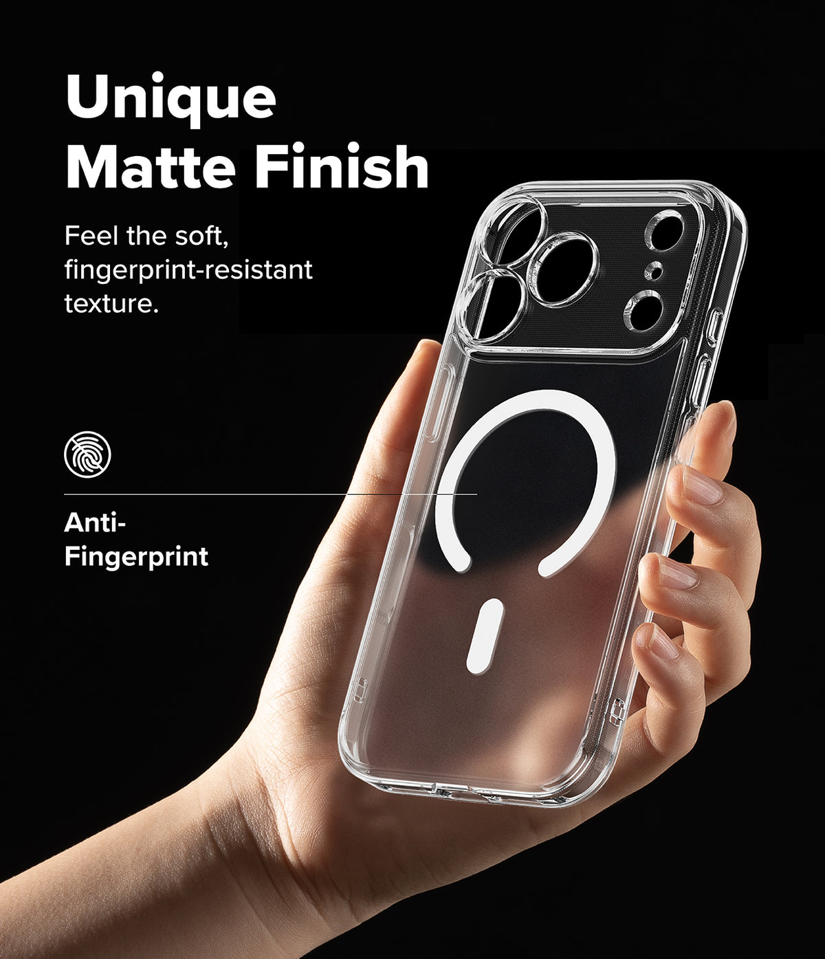 iPhone 18 Pro Max Case | Fusion Magnetic Matte - A hand holds a clear smartphone case with a matte finish and a white magnetic ring design, shown against a black background with promotional text about fingerprint resistance and matte texture.