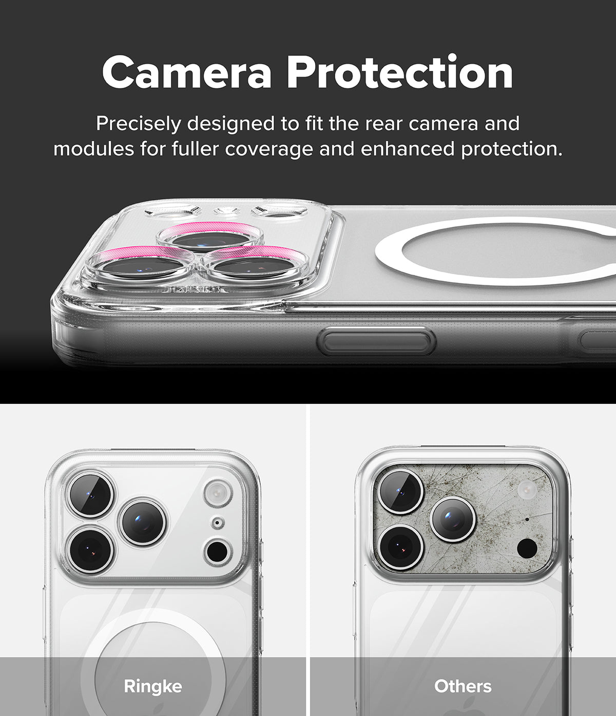 iPhone 18 Pro Max Case | Fusion Magnetic Matte - Promotional graphic for a clear camera protection case for an iPhone, showing a close-up of the case installed on the back of the phone with a pink ring accent, plus two smaller comparison images below labeled Ringke and Others.