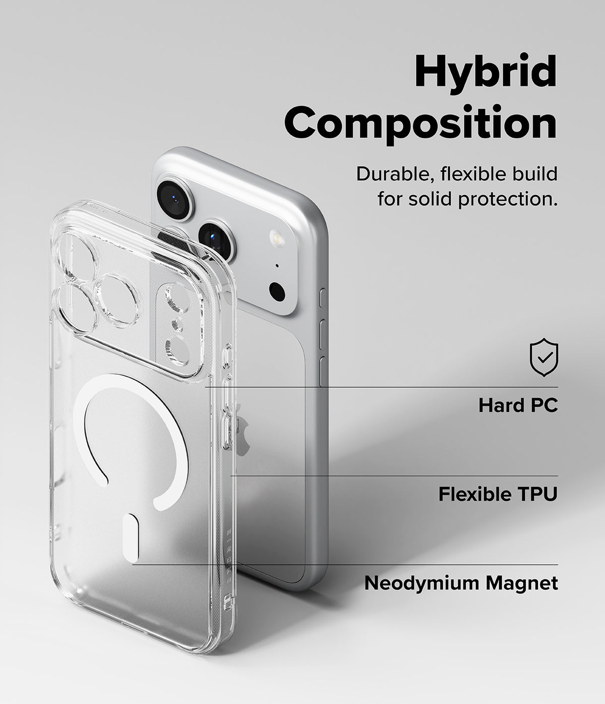 iPhone 18 Pro Max Case | Fusion Magnetic Matte - Clear hybrid phone case shown on a smartphone, with text callouts reading 'Hybrid Composition,' 'Hard PC,' 'Flexible TPU,' and 'Neodymium Magnet' on a light gray background.