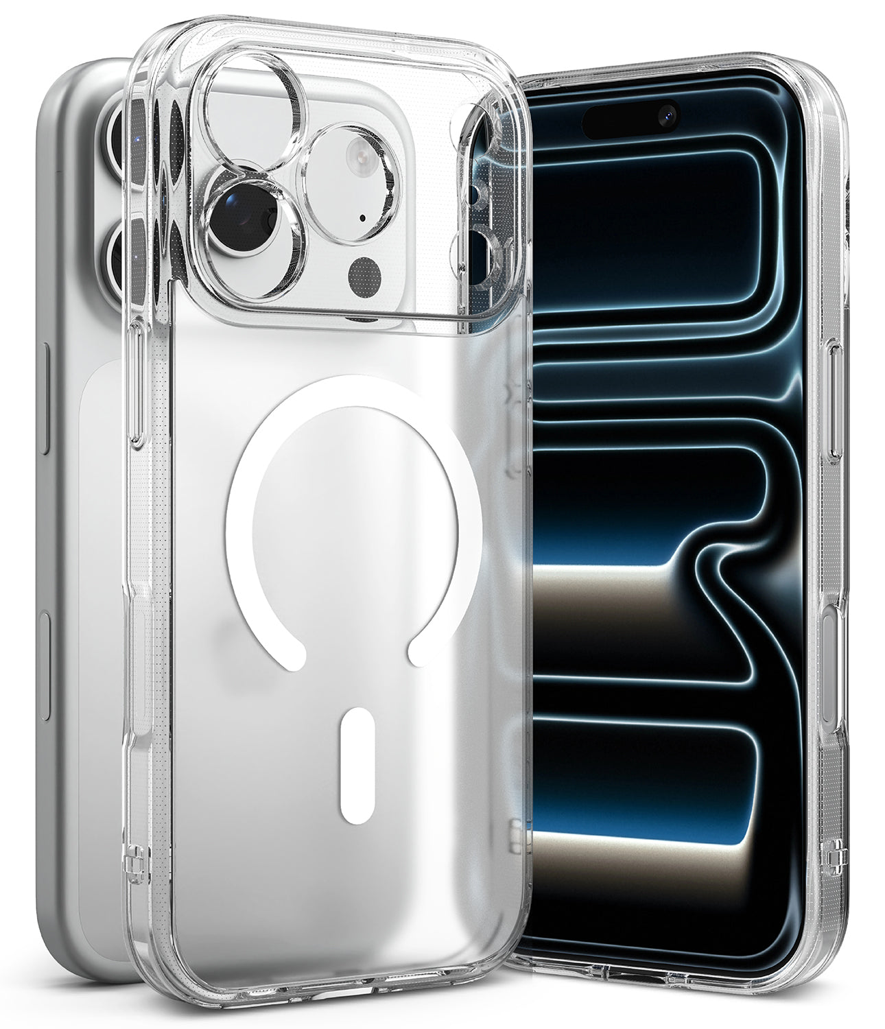 iPhone 18 Pro Max Case | Fusion Magnetic Matte - A clear MagSafe-compatible phone case shown on a smartphone, with the back view featuring a white circular MagSafe ring and the front view showing a black screen with blue and white display graphics.