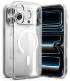 iPhone 18 Pro Max Case | Fusion Magnetic Matte - A clear MagSafe-compatible phone case shown on a smartphone, with the back view featuring a white circular MagSafe ring and the front view showing a black screen with blue and white display graphics.