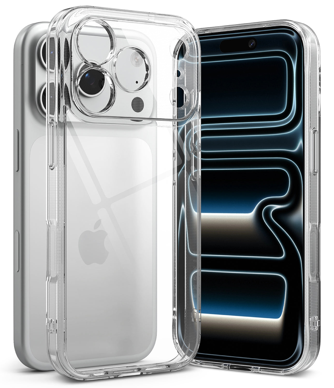 iPhone 18 Pro Max Case | Fusion - A clear, transparent protective phone case shown on two silver iPhones, displaying both the back view with a raised camera bumper and the side profile of the case.