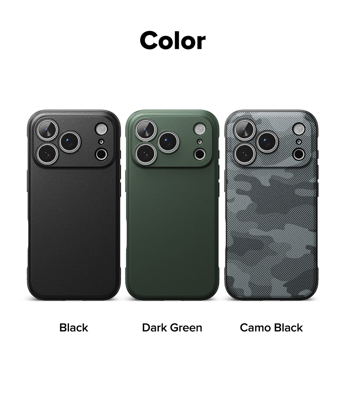 iPhone 18 Pro / Pro Max Case Onyx all-groups - Three phone cases shown on a white background under the heading 'Color': a matte black case labeled 'Black', a dark green case labeled 'Dark Green', and a gray-green camouflage case labeled 'Camo Black'.