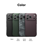 iPhone 18 Pro / Pro Max Case Onyx all-groups - Three phone cases shown on a white background under the heading 'Color': a matte black case labeled 'Black', a dark green case labeled 'Dark Green', and a gray-green camouflage case labeled 'Camo Black'.