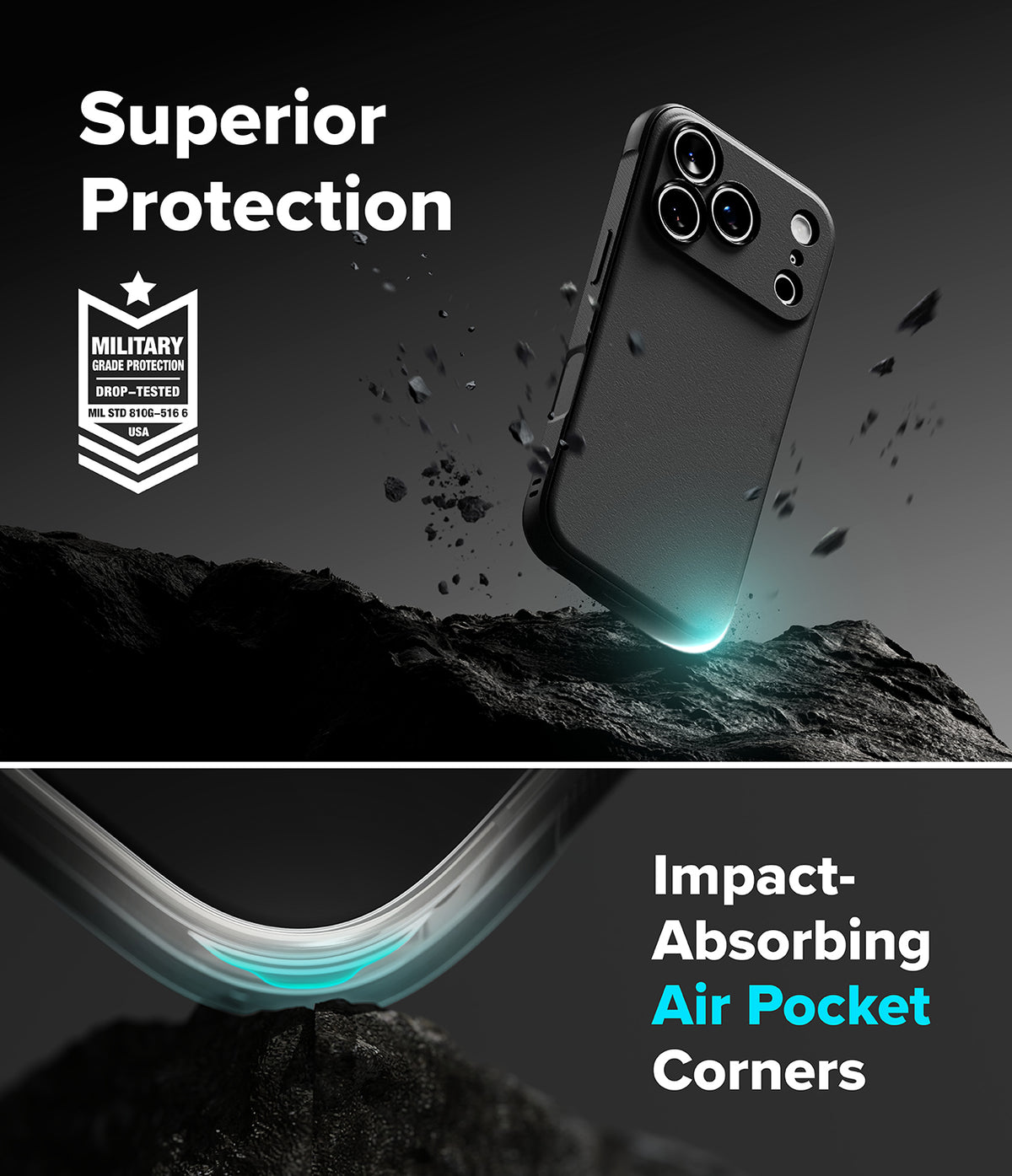iPhone 18 Pro Max Case | Onyx - Phone case with 'Superior Protection' and 'Impact-Absorbing Air Pocket Corners' text on a dark background.