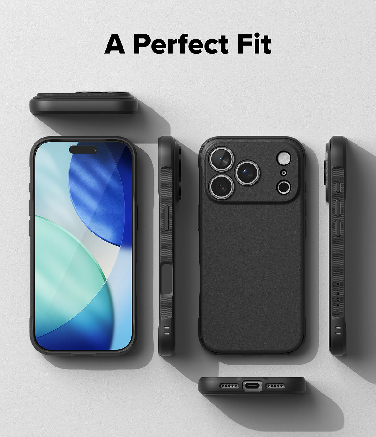 iPhone 18 Pro Max Case | Onyx - A black protective phone case shown from multiple angles on a light gray background, with the text 'A Perfect Fit' at the top. The phone inside the case displays a blue and green abstract screen wallpaper.
