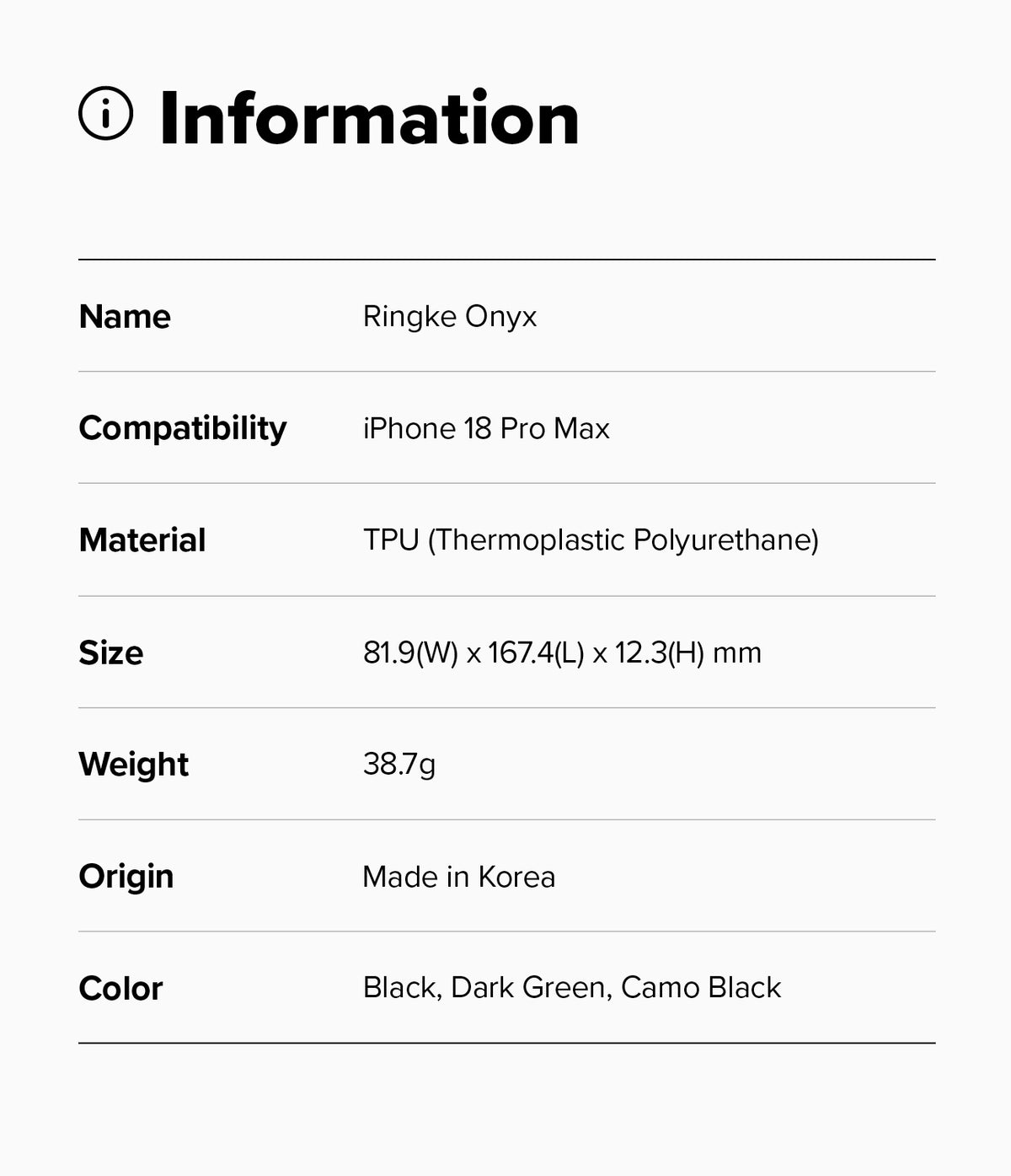 iPhone 18 Pro Max Case | Onyx - Product information card for Ringke Onyx case with specifications on a white background