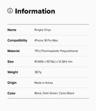 iPhone 18 Pro Max Case | Onyx - Product information card for Ringke Onyx case with specifications on a white background