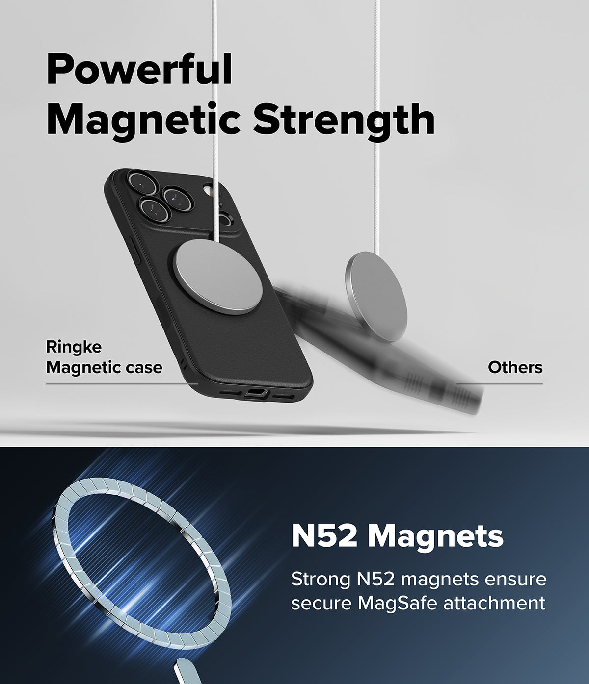 iPhone 18 Pro / Pro Max Case Onyx Magnetic all-groups - Promotional graphic for a black magnetic phone case with a large circular MagSafe ring, shown floating above a dark blue lower section with text reading 'Powerful Magnetic Strength' and 'N52 Magnets'.