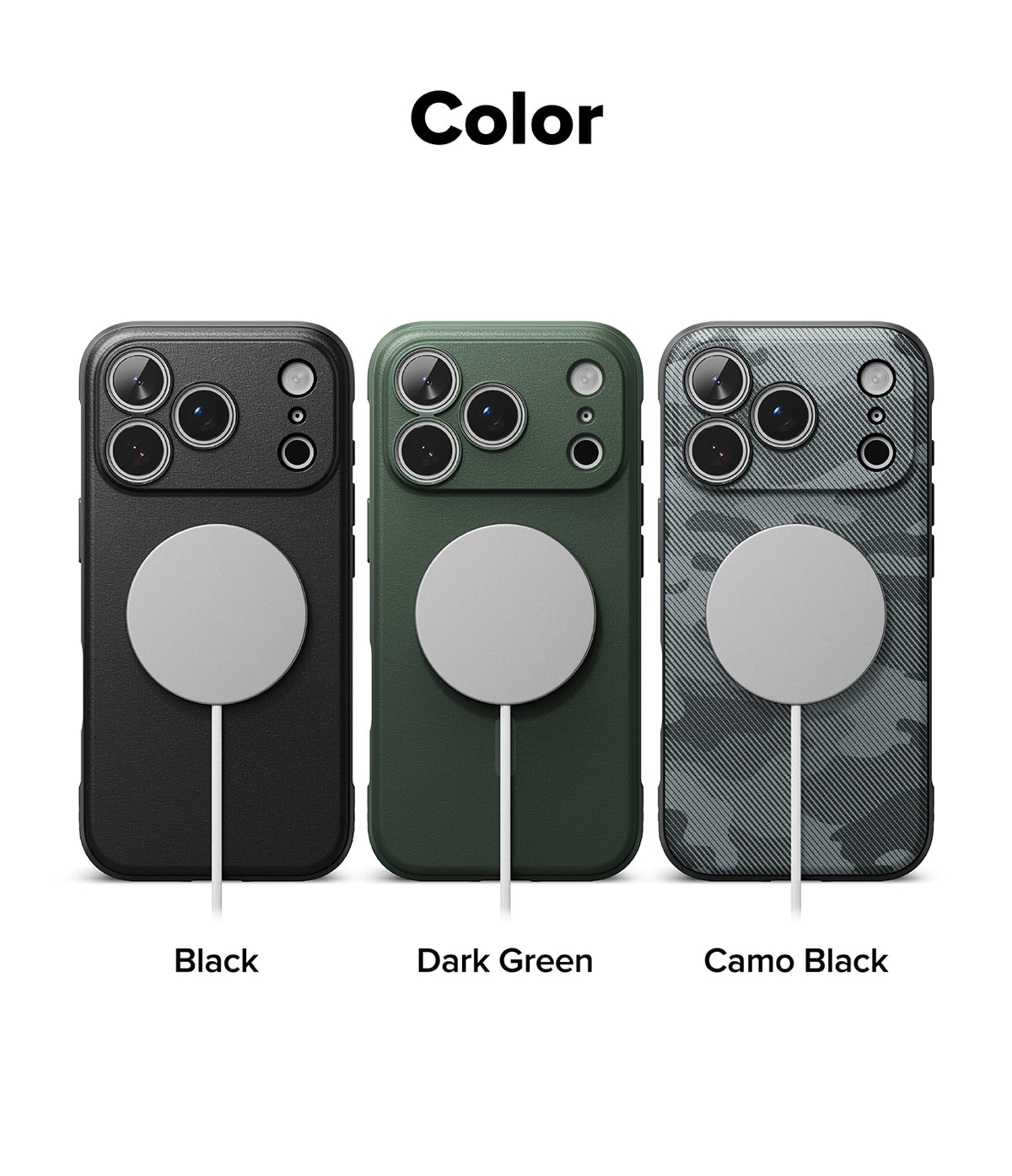 iPhone 18 Pro / Pro Max Case Onyx Magnetic all-groups - Three phone cases shown on a white background under the heading 'Color', labeled Black, Dark Green, and Camo Black. Each case has a circular MagSafe ring and a camera cutout area visible.