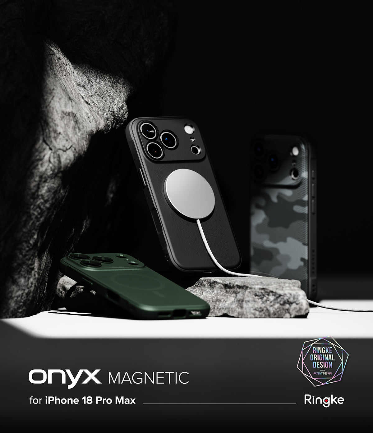 iPhone 18 Pro Max Case | Onyx Magnetic - A promotional product shot showing phone cases on a dark studio setup with rocks. The main featured item is a black magnetic phone case with a large circular MagSafe-style magnetic ring, shown upright.