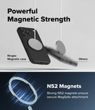 iPhone 18 Pro Max Case | Onyx Magnetic - Promotional graphic for a black magnetic phone case with a large circular MagSafe ring, shown floating above a dark blue lower section with text reading 'Powerful Magnetic Strength' and 'N52 Magnets'.