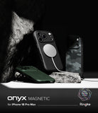 iPhone 18 Pro Max Case | Onyx Magnetic - A promotional product shot showing phone cases on a dark studio setup with rocks. The main featured item is a black magnetic phone case with a large circular MagSafe-style magnetic ring, shown upright.