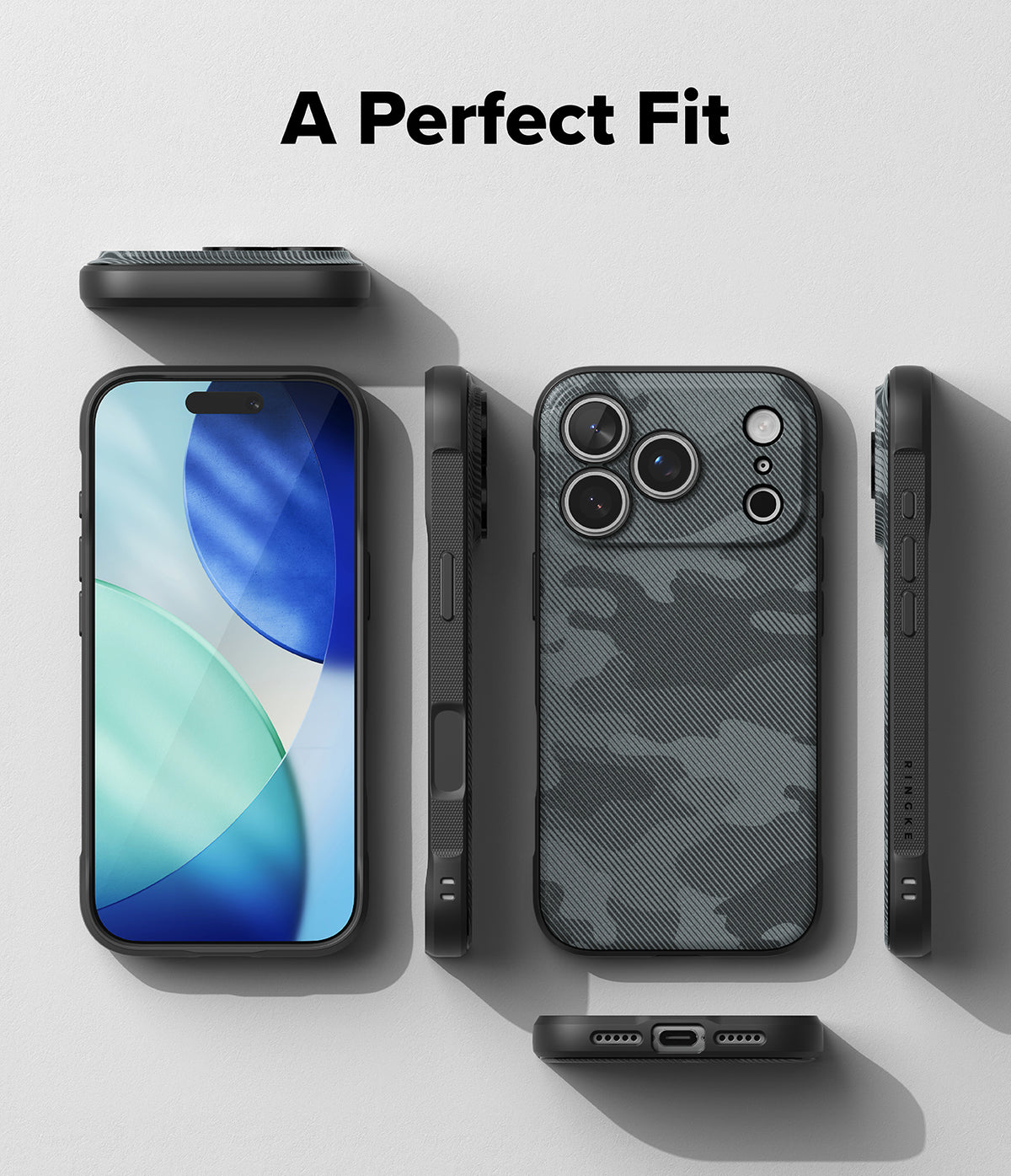 iPhone 18 Pro Max Case | Onyx Magnetic - A phone case set shown from multiple angles on a light gray background, with the text 'A Perfect Fit' at the top. The case has a dark gray and black camouflage pattern on the back and is displayed alongside a smartphone to demonstrate fit.