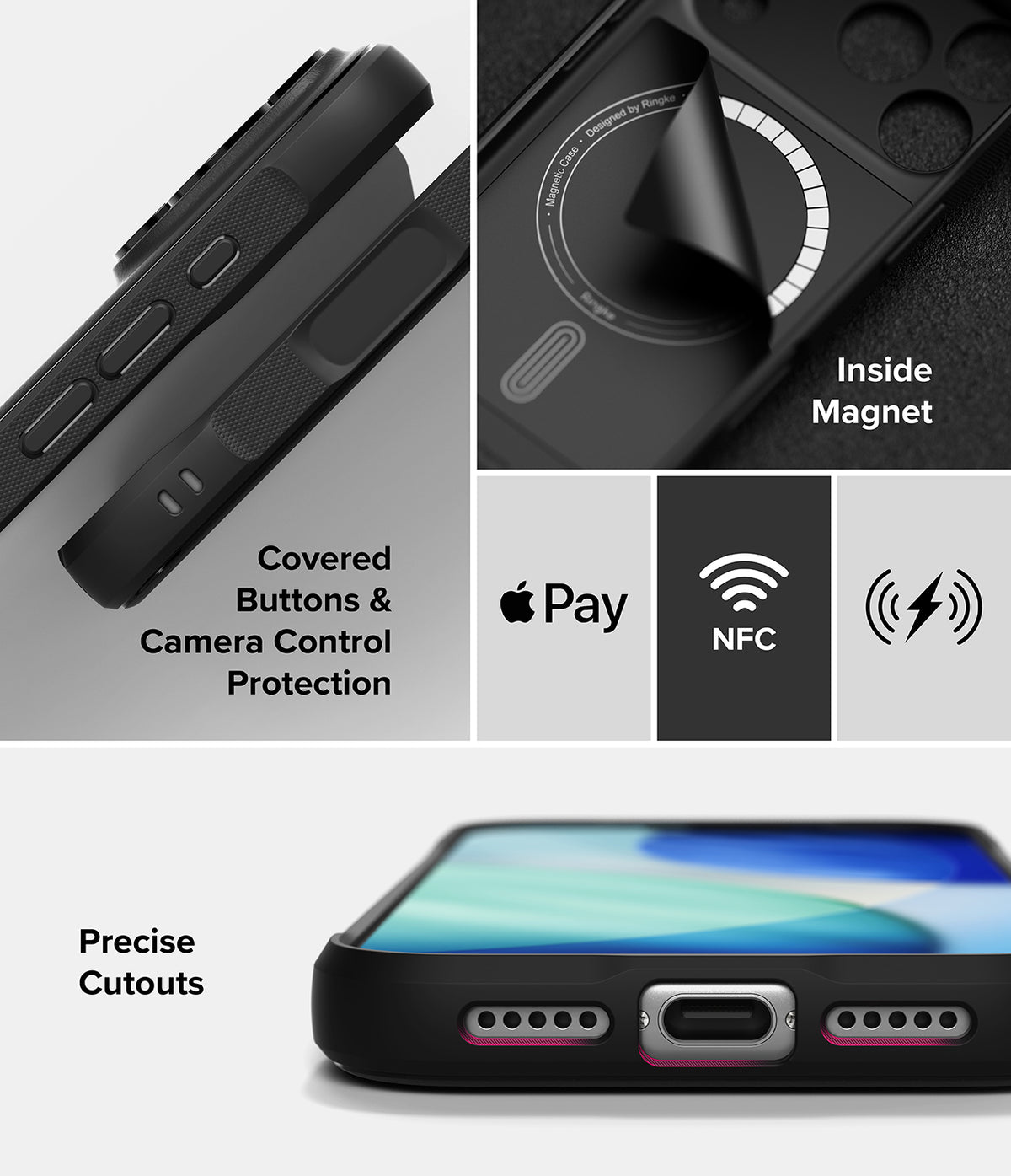 iPhone 18 Pro Max Case | Onyx Magnetic - Black protective phone case shown in a multi-panel infographic highlighting features: side button coverage, inside magnet design, compatibility with Apple Pay and NFC, and precise cutouts for the charging port and speaker.