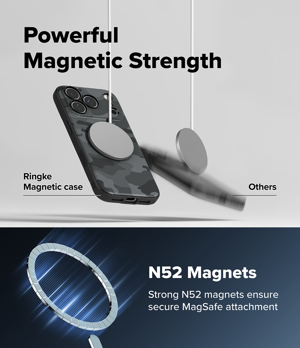 iPhone 18 Pro Max Case | Onyx Magnetic - Promotional graphic for a magnetic phone case showing a black camouflage Ringke case with a circular MagSafe ring, alongside blurred generic magnets to demonstrate magnetic strength. Text reads 'Powerful Magnetic Strength' and 'N52 Magnets Strong N52 magnets ensure secure MagSafe attachment'.