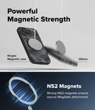 iPhone 18 Pro Max Case | Onyx Magnetic - Promotional graphic for a magnetic phone case showing a black camouflage Ringke case with a circular MagSafe ring, alongside blurred generic magnets to demonstrate magnetic strength. Text reads 'Powerful Magnetic Strength' and 'N52 Magnets Strong N52 magnets ensure secure MagSafe attachment'.