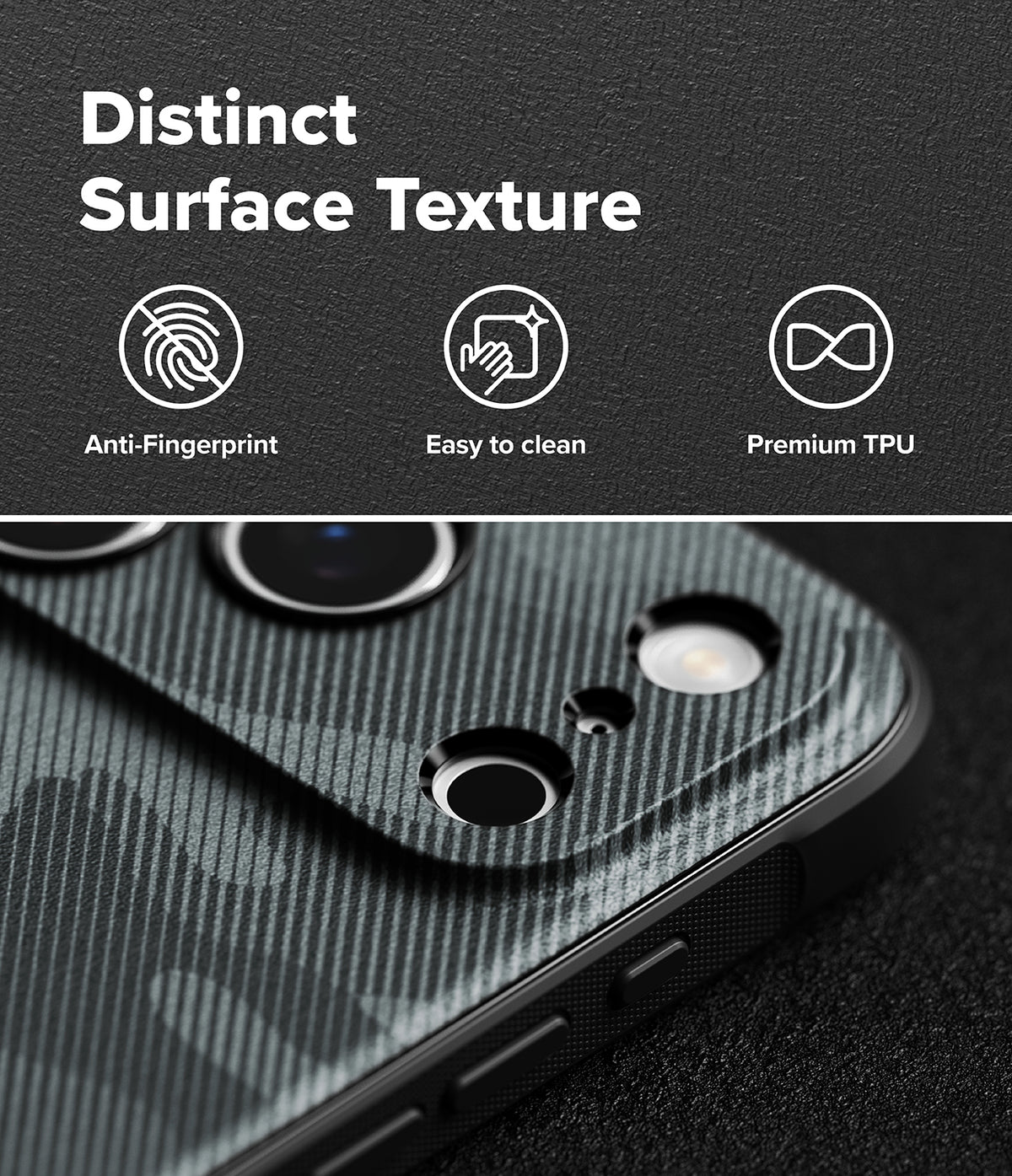 iPhone 18 Pro Max Case | Onyx Magnetic - A close-up of a phone case with a dark textured carbon-fiber-style finish, shown with marketing text above reading 'Distinct Surface Texture' and icons for anti-fingerprint, easy to clean, and premium TPU.