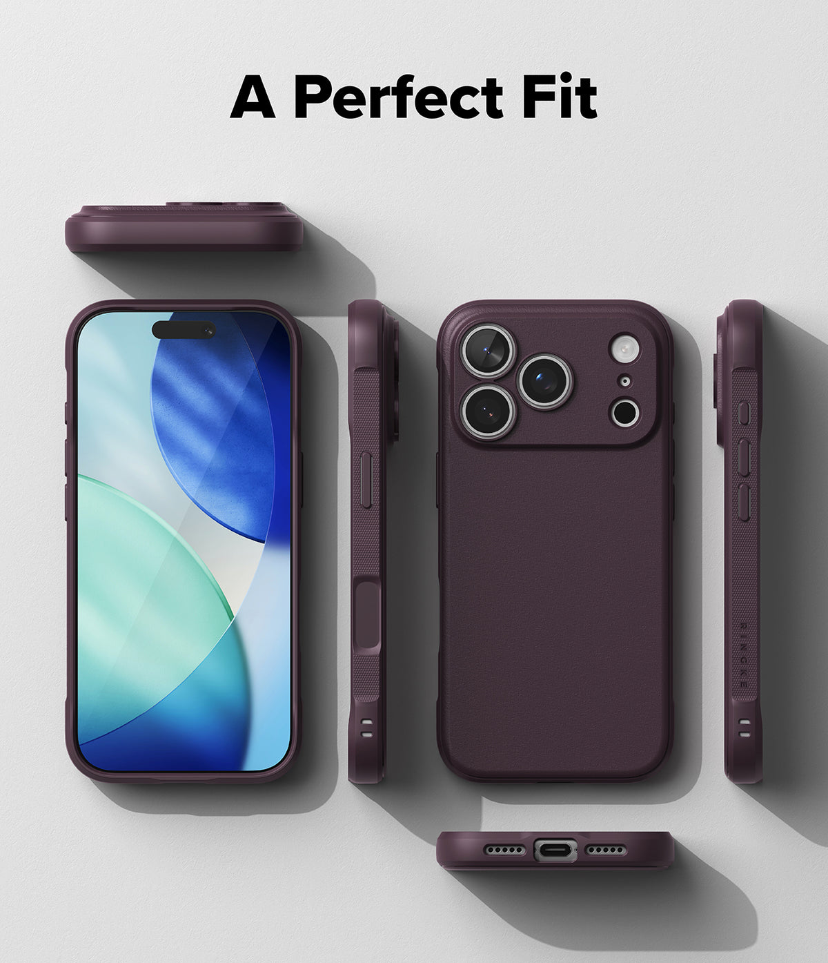 iPhone 18 Pro Max | Onyx Magnetic - A black protective phone case shown from multiple angles on a light gray background, with the text 'A Perfect Fit' at the top. The phone inside the case displays a blue and green abstract screen wallpaper.