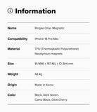 iPhone 18 Pro Max | Onyx Magnetic - An information card with a light gray background and black text listing product details for a Ringke Onyx Magnetic compatible with iPhone 18 Pro Max, including material, size, weight, and color options.