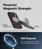 iPhone 18 Pro Max | Onyx Magnetic - Promotional graphic for a black magnetic phone case with a large circular MagSafe ring, shown floating above a dark blue lower section with text reading 'Powerful Magnetic Strength' and 'N52 Magnets'.