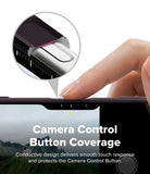 iPhone 18 Pro Max | Onyx Magnetic - Close-up of a hand pressing the camera control button on the top edge of a smartphone, with a circular inset showing the button coverage detail and text reading 'Camera Control Button Coverage'.