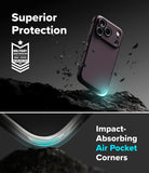 iPhone 18 Pro Max | Onyx Magnetic - A dark phone case shown floating above a rocky surface with debris, under the text 'Superior Protection' and a military drop-test badge. The lower section shows a curved corner with glowing teal air-pocket detailing and the text 'Impact-Absorbing Air Pocket Corners.