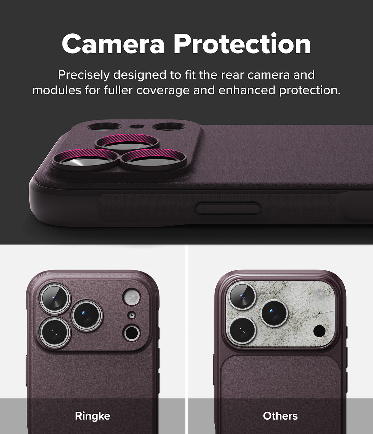 iPhone 18 Pro Max | Onyx Magnetic - A dark purple phone case with a raised camera module and three circular camera lens protectors, shown above two smaller views labeled Ringke and Others. Text at the top reads 'Camera Protection' and describes precise fit and enhanced protection.