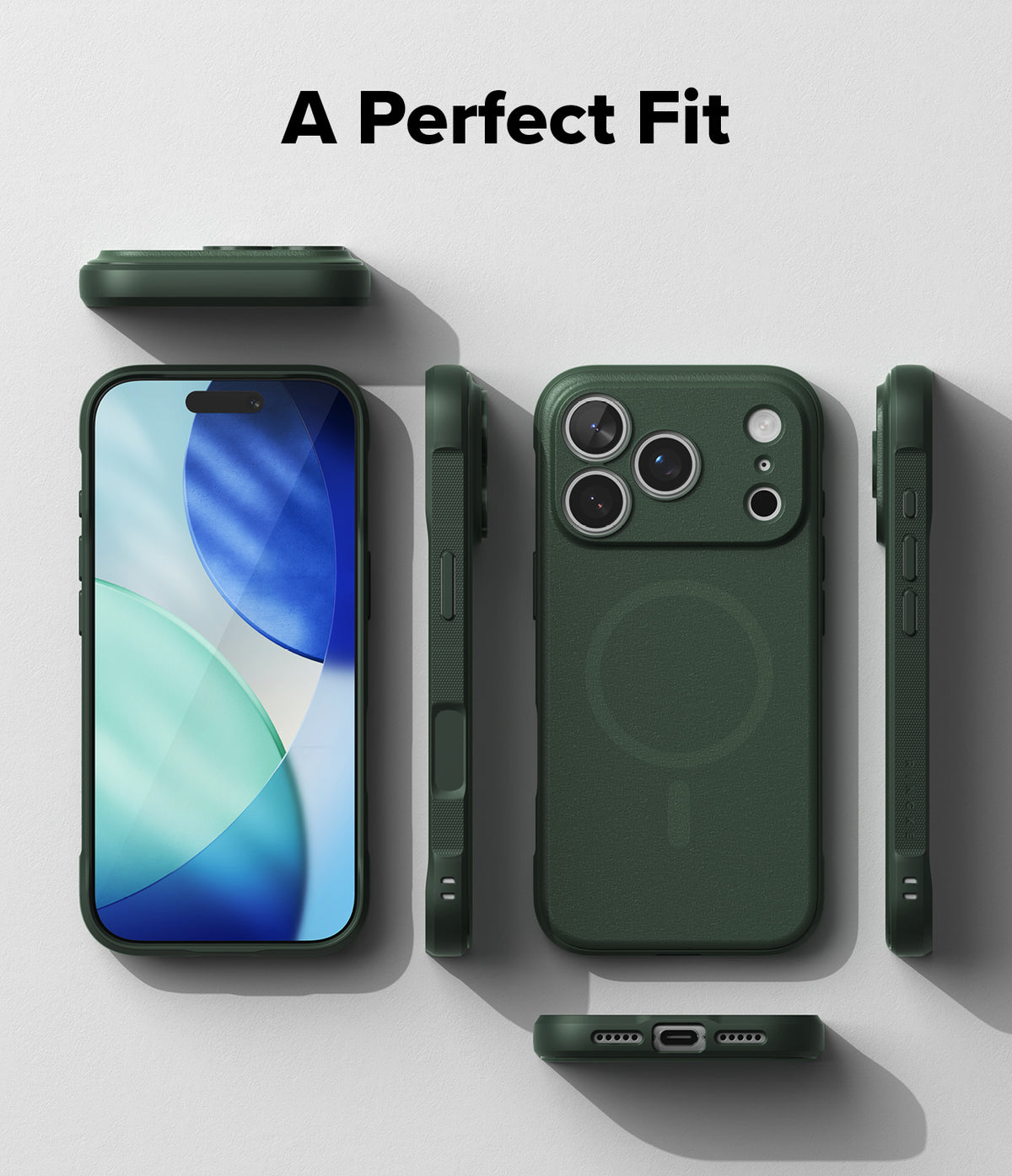 iPhone 18 Pro Max Case | Onyx Magnetic - A black protective phone case shown from multiple angles on a light gray background, with the text 'A Perfect Fit' at the top. The phone inside the case displays a blue and green abstract screen wallpaper.