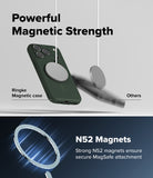 iPhone 18 Pro Max Case | Onyx Magnetic - Promotional graphic for a dark green magnetic phone case with a silver MagSafe ring, showing the case and a separate MagSafe magnet with text reading 'Powerful Magnetic Strength' and 'N52 Magnets'.