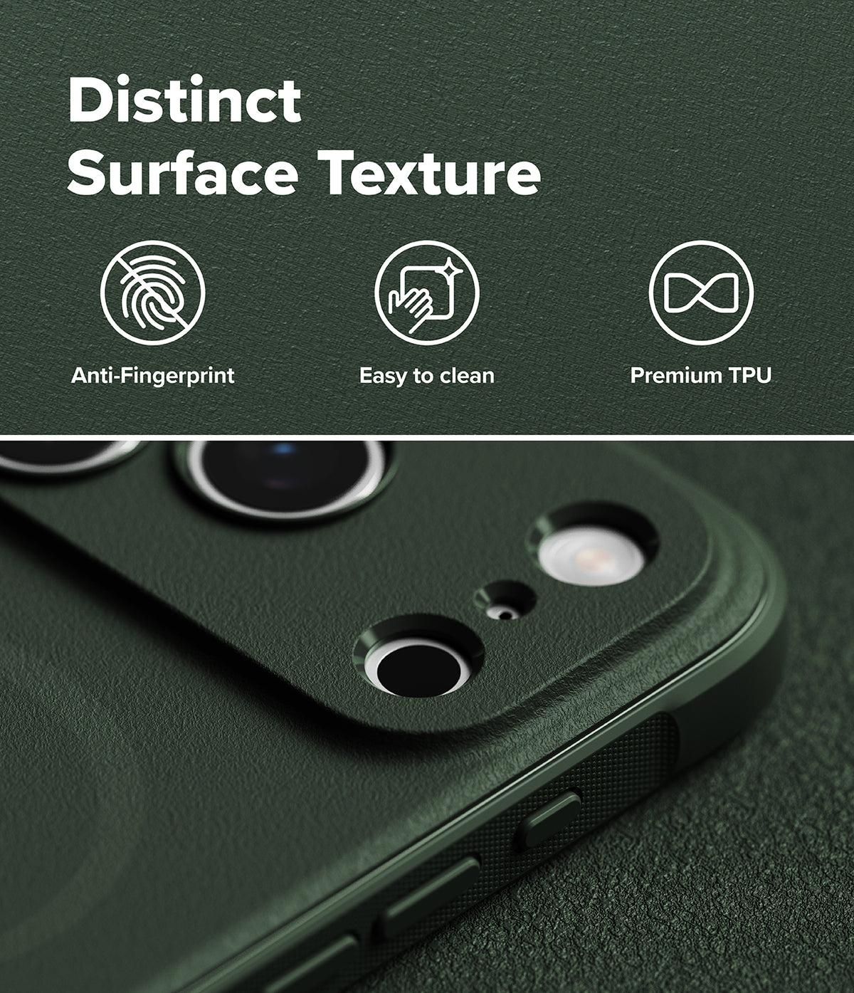 iPhone 18 Pro Max Case | Onyx Magnetic - Dark green textured phone case with a close-up of the camera cutout area, featuring marketing text and icons for anti-fingerprint, easy to clean, and premium TPU qualities.