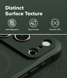 iPhone 18 Pro Max Case | Onyx Magnetic - Dark green textured phone case with a close-up of the camera cutout area, featuring marketing text and icons for anti-fingerprint, easy to clean, and premium TPU qualities.