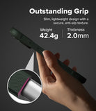 iPhone 18 Pro Max Case | Onyx Magnetic - A hand holds a dark green phone case against a dark gray background, with text highlighting its outstanding grip, slim lightweight design, 42.4g weight, and 2.