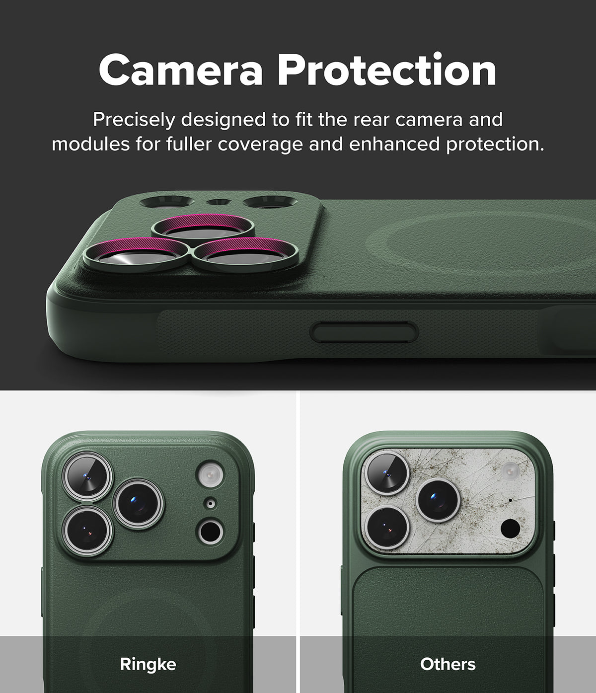 iPhone 18 Pro Max Case | Onyx Magnetic - Dark green phone case with a raised camera bumper and magSafe ring, shown with text reading 'Camera Protection' and comparison labels 'Ringke' and 'Others' on camera lenses.