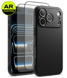 [Bundle] iPhone 18 Pro / Pro Max | Onyx + AR Protectors - A black textured phone case shown from the back, with two transparent AR-coated screen protectors positioned in front of it. A yellow circular badge in the top-left corner reads 'AR COATING'.
