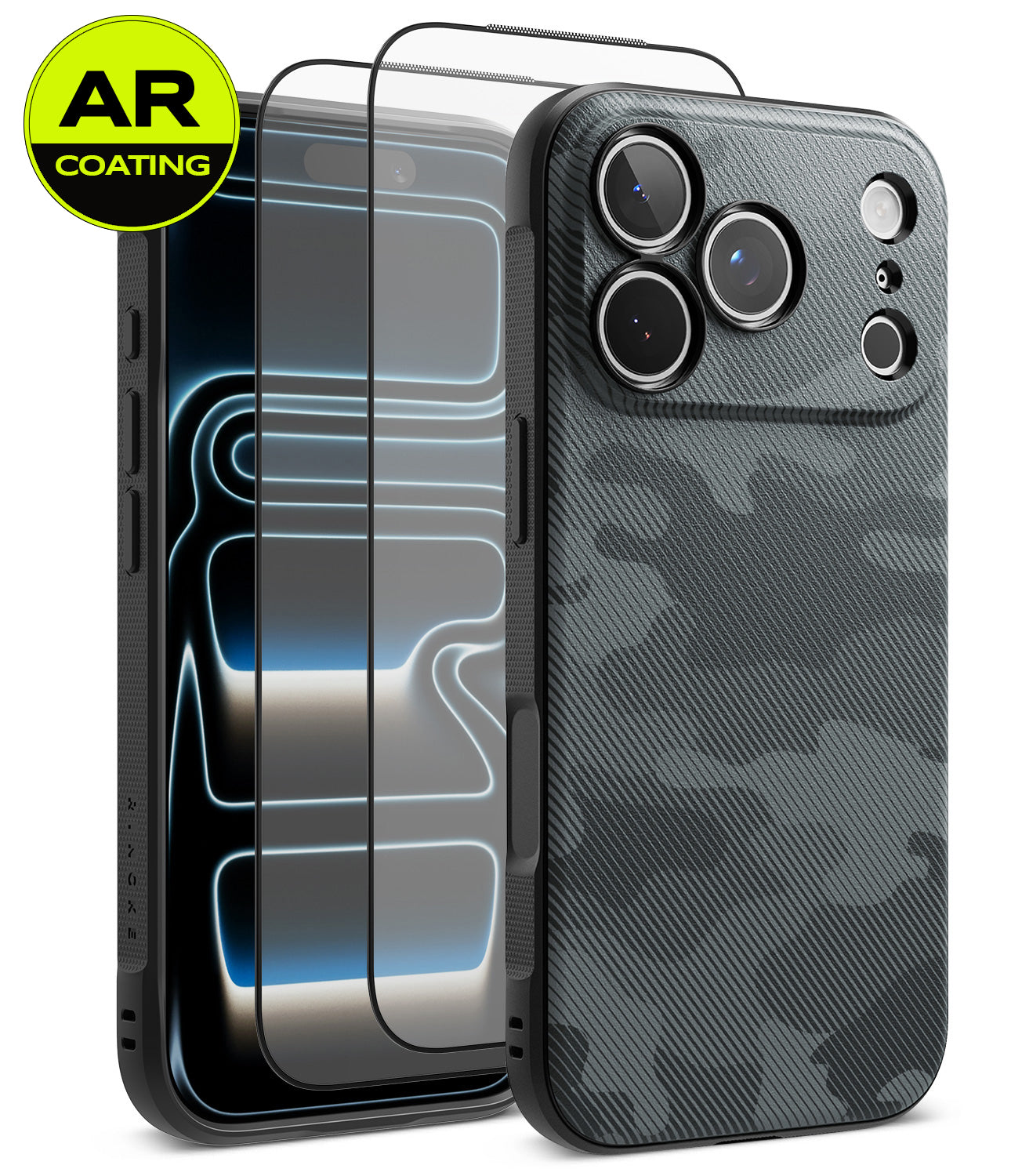 [Bundle] iPhone 18 Pro / Pro Max | Onyx + AR Protectors - A phone case set shown on a smartphone: a rear view with a dark gray and black carbon-fiber-style camouflage pattern, a front view with a transparent AR-coated screen protector, and a yellow circular 'AR COATING' badge in the top-left corner.