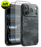 [Bundle] iPhone 18 Pro / Pro Max | Onyx + AR Protectors - A phone case set shown on a smartphone: a rear view with a dark gray and black carbon-fiber-style camouflage pattern, a front view with a transparent AR-coated screen protector, and a yellow circular 'AR COATING' badge in the top-left corner.