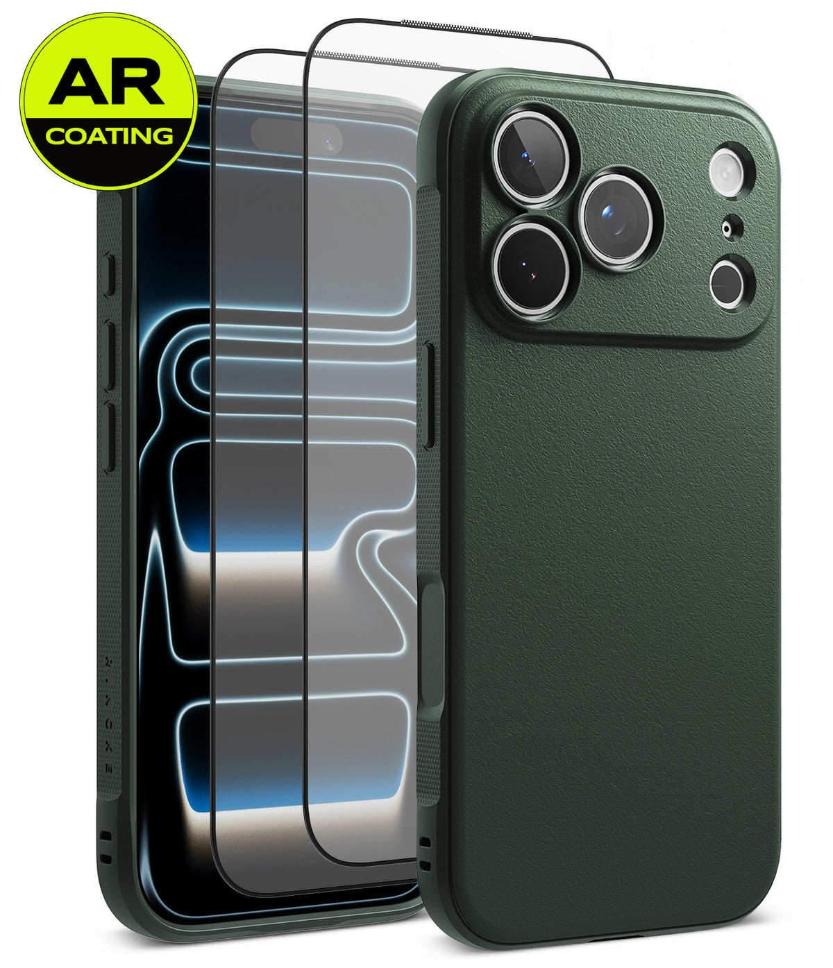 [Bundle] iPhone 18 Pro / Pro Max | Onyx + AR Protectors - Dark green textured phone case shown from the back, with a front view of a phone inside demonstrating AR-coated screen protection. A yellow and green 'AR COATING' badge is in the top-left corner.