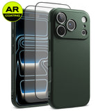 [Bundle] iPhone 18 Pro / Pro Max | Onyx + AR Protectors - Dark green textured phone case shown from the back, with a front view of a phone inside demonstrating AR-coated screen protection. A yellow and green 'AR COATING' badge is in the top-left corner.