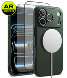 [Bundle] iPhone 18 Pro / Pro Max | Onyx Magnetic + AR Protectors - A dark green textured phone case shown with a smartphone in front and a white MagSafe ring attached to the back. A yellow circular 'AR COATING' badge appears in the top-left corner.