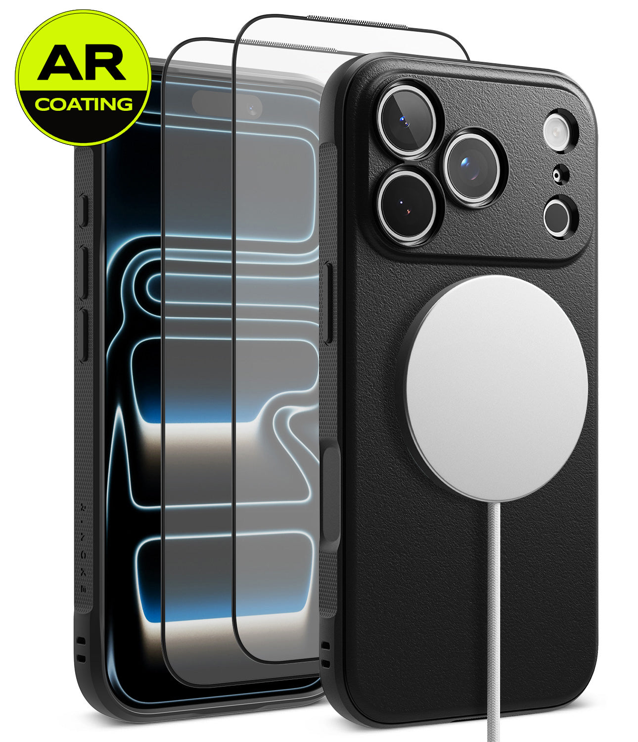 [Bundle] iPhone 18 Pro / Pro Max | Onyx Magnetic + AR Protectors - Two black phone cases shown on a white background, one front view with AR coating graphics and one back view with a MagSafe-style white circular mount. A yellow-green 'AR COATING' badge appears in the top-left corner.