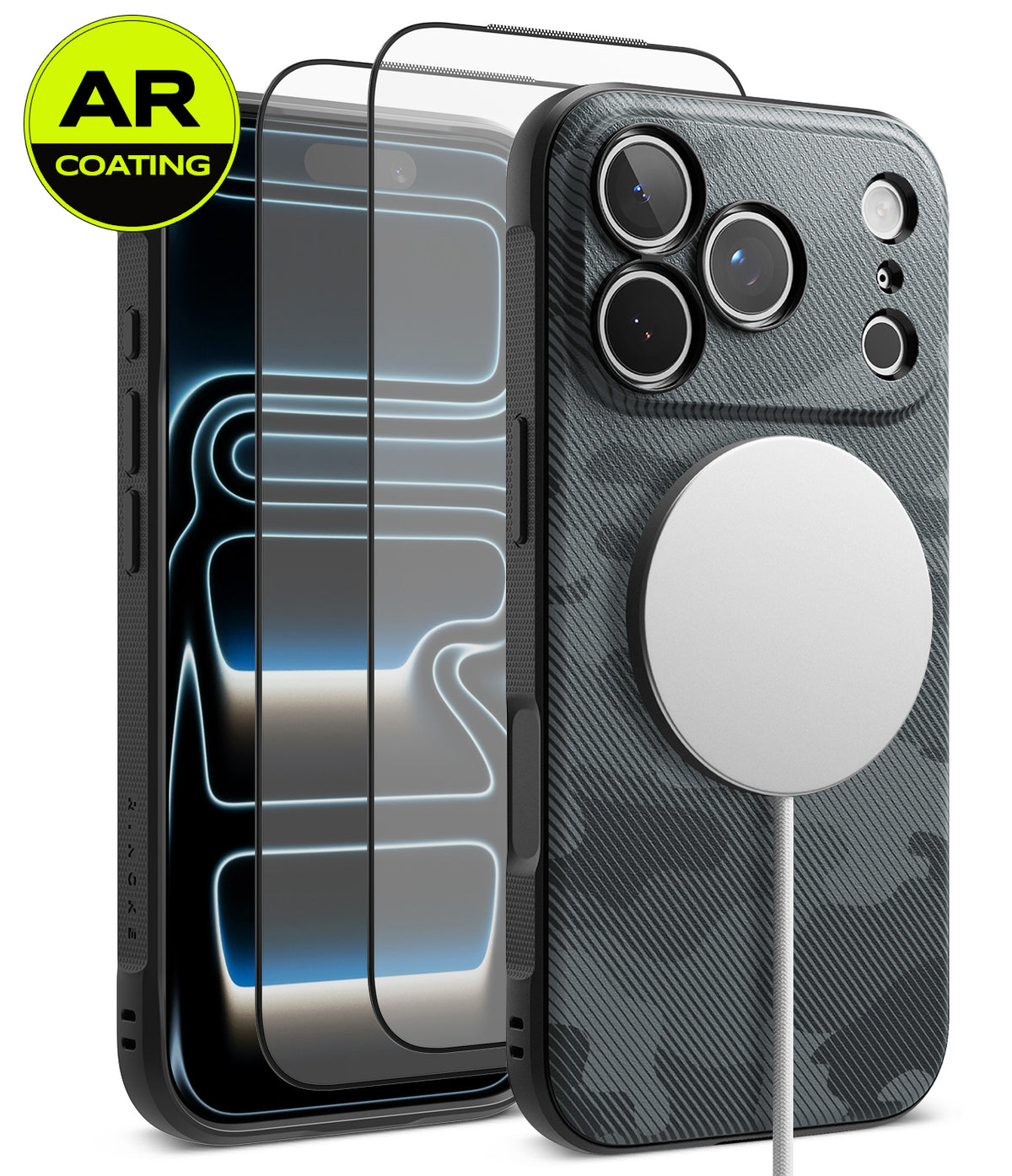 [Bundle] iPhone 18 Pro / Pro Max | Onyx Magnetic + AR Protectors - A carbon-fiber-pattern phone case with a large circular MagSafe ring, shown alongside two clear screen protectors and a yellow AR Coating badge on a white background.