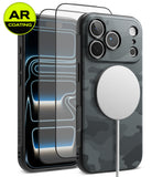 [Bundle] iPhone 18 Pro / Pro Max | Onyx Magnetic + AR Protectors - A carbon-fiber-pattern phone case with a large circular MagSafe ring, shown alongside two clear screen protectors and a yellow AR Coating badge on a white background.