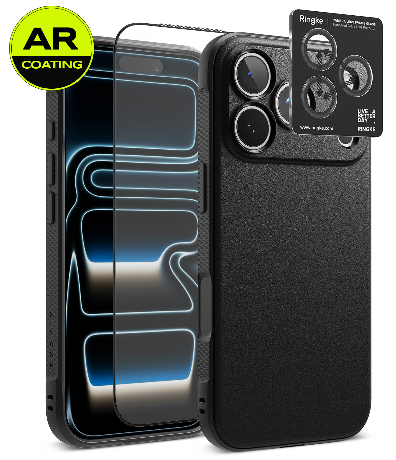 [Bundle] iPhone 18 Pro / Pro Max | Onyx + AR Protectors - Three black AR-coated phone screen protectors are shown over a smartphone, alongside a textured black phone case with a raised camera cutout and a small Ringke brand card. A yellow circular 'AR COATING' badge appears in the top-left corner.