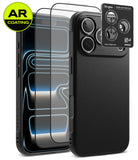 [Bundle] iPhone 18 Pro / Pro Max | Onyx + AR Protectors - Three black AR-coated phone screen protectors are shown over a smartphone, alongside a textured black phone case with a raised camera cutout and a small Ringke brand card. A yellow circular 'AR COATING' badge appears in the top-left corner.
