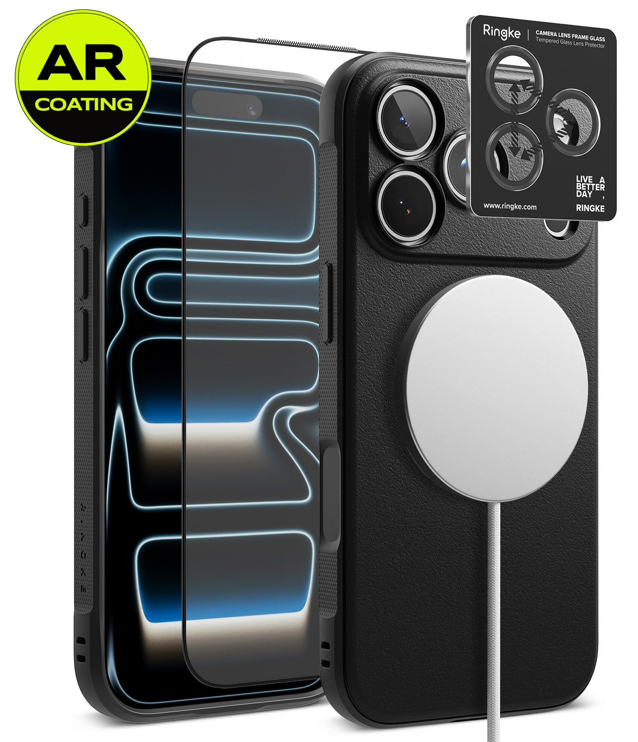 [Bundle] iPhone 18 Pro / Pro Max | Onyx Magnetic + AR Protectors - Three clear AR-coated screen protectors are shown over a black smartphone, with one protector aligned to the camera cutout. A black phone case with a MagSafe ring is also shown on the right, alongside a Ringke brand sticker and a yellow AR Coating badge.