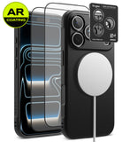 [Bundle] iPhone 18 Pro / Pro Max | Onyx Magnetic + AR Protectors - Three clear AR-coated screen protectors are shown over a black smartphone, with one protector aligned to the camera cutout. A black phone case with a MagSafe ring is also shown on the right, alongside a Ringke brand sticker and a yellow AR Coating badge.