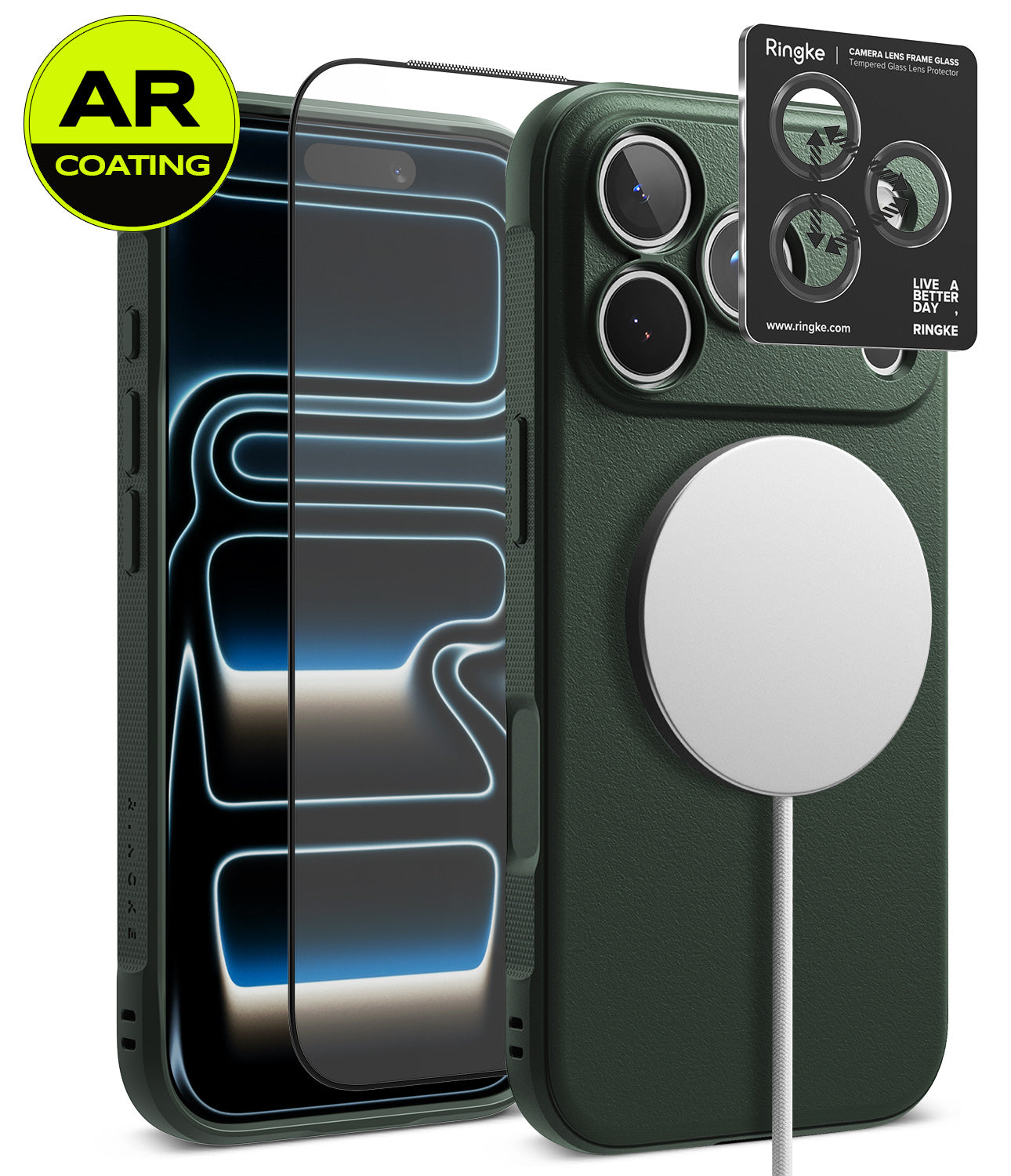 [Bundle] iPhone 18 Pro / Pro Max | Onyx Magnetic + AR Protectors - A dark green textured phone case shown with a smartphone inside, alongside two clear AR-coated screen protectors and a black Ringke camera lens protector card. The case has a white MagSafe ring attached, set against a clean white background with a yellow 'AR COATING' badge in the top-left corner.